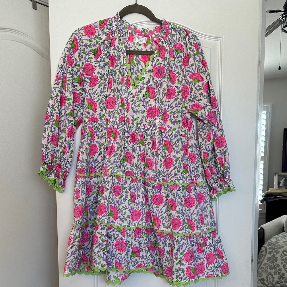 Floral Tiered Mini Dress in Pink & Green